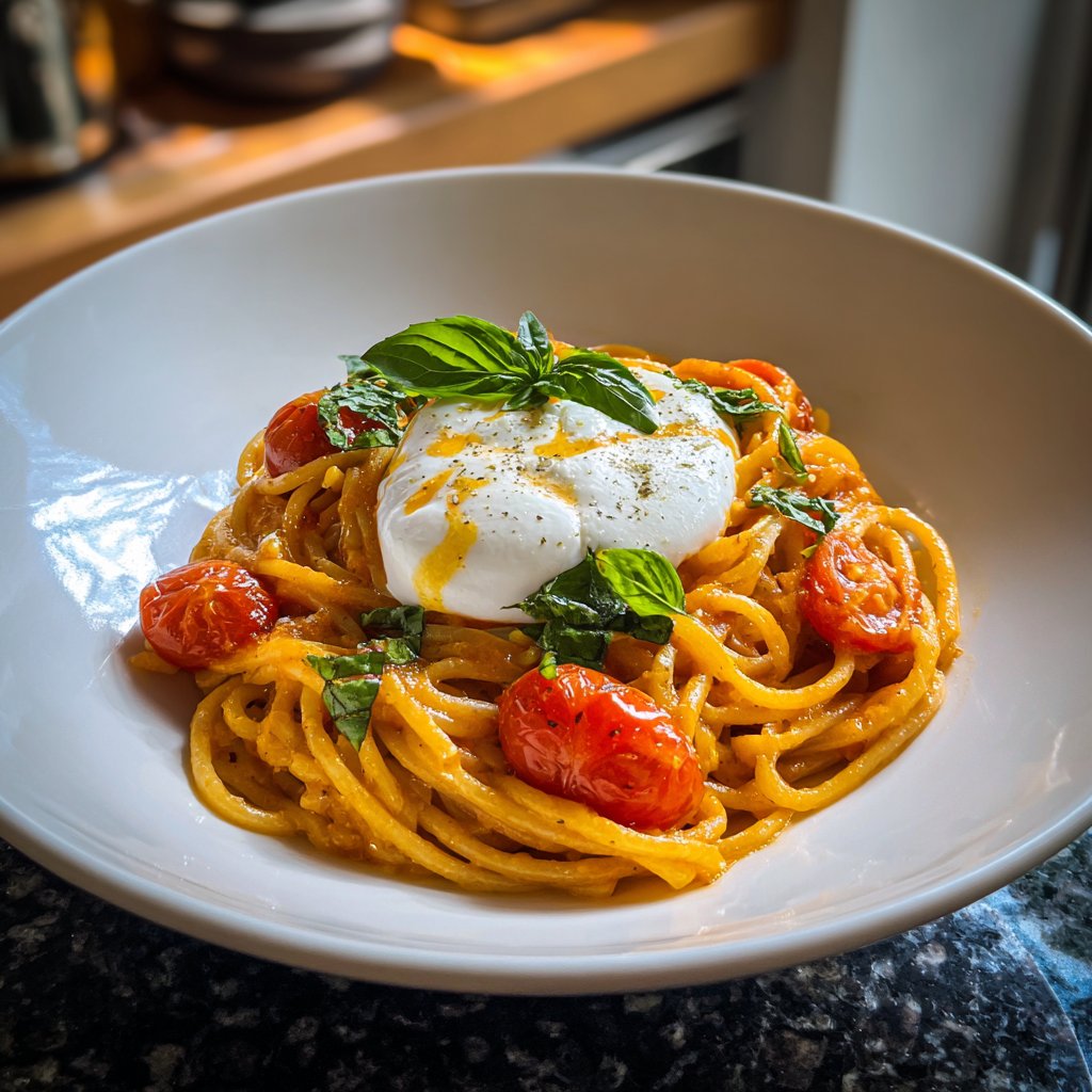 Spaghetti mit Tomaten und Burrata